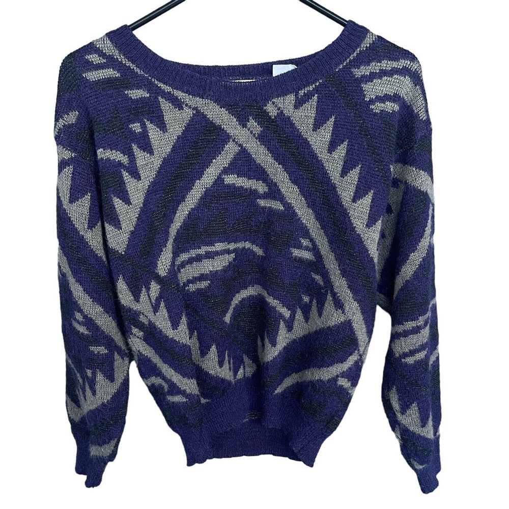 Vintage Organically Grown Sweater Womens Small Geometric 90s Blue‎